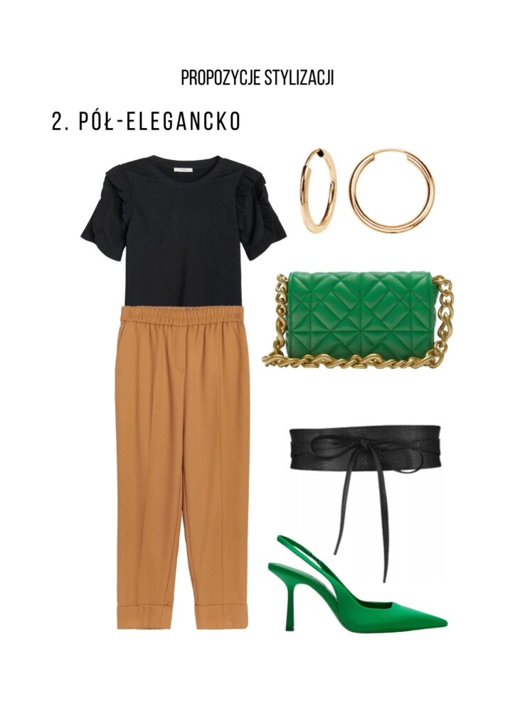 stylizacja pół-elegancka, spodnie camelowe, zielone buty na obcasie, zielona torebka
